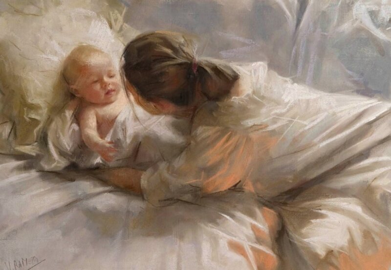 Woman Holding Baby — White, Serene, Painting, Bed