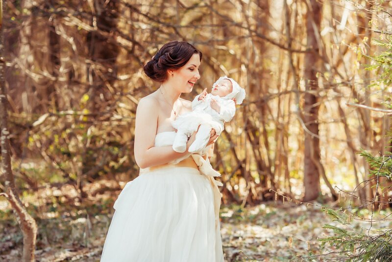 Woman Holding Baby — White, Serene, Spring, Photograph