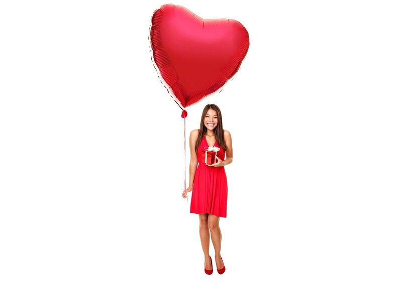 Woman Holding Balloon — Red, Happy