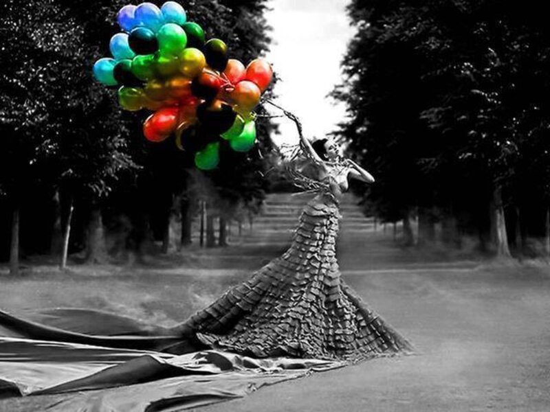 Woman Holding Balloons — Black, Dramatic, Photograph, Dress