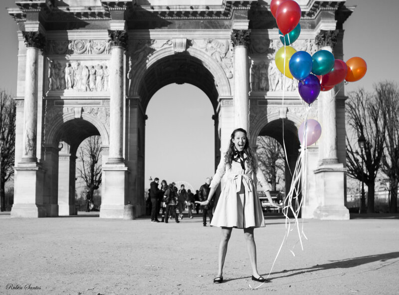 Woman Holding Balloons — Black, Joyful