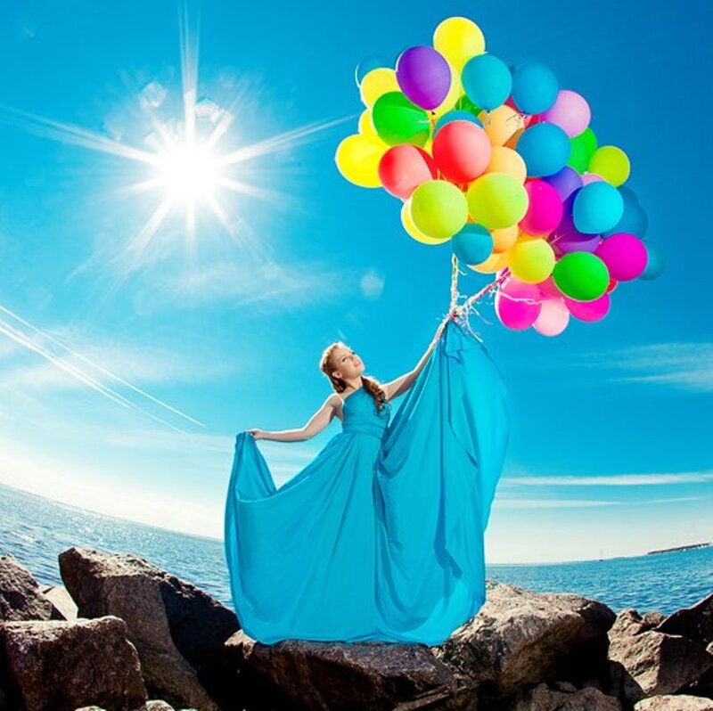 Woman Holding Balloons — Blue, Bright