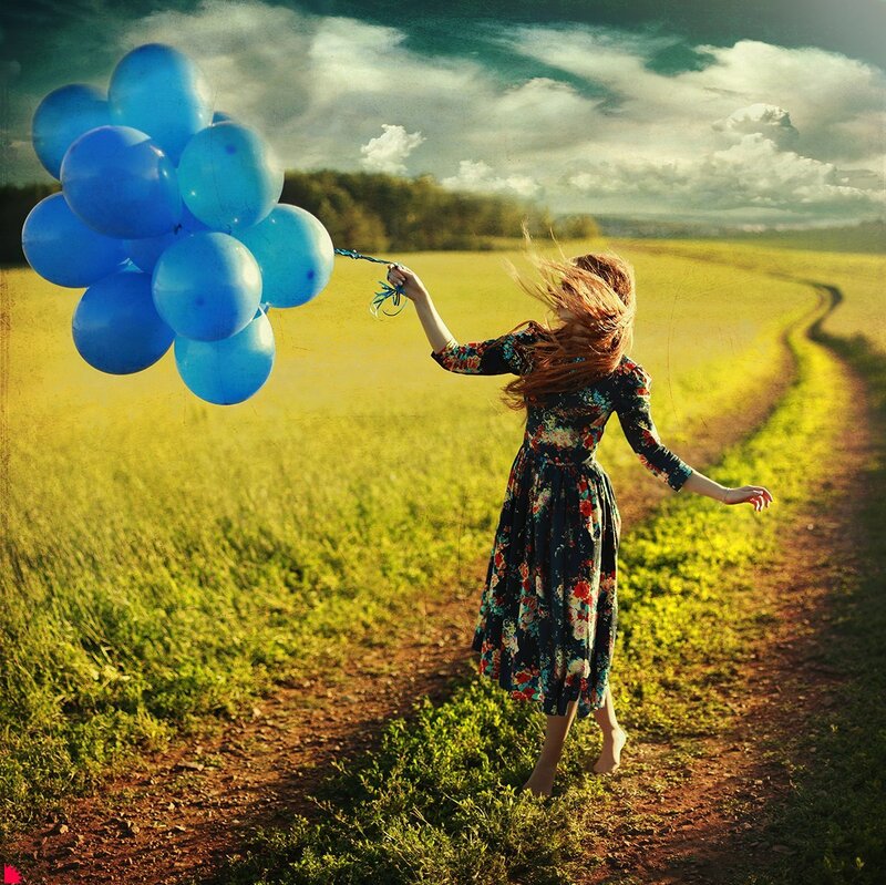 Woman Holding Balloons — Blue, Dramatic