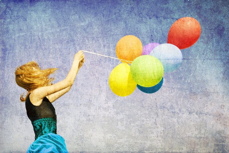 Woman Holding Balloons — Blue, Dreamy