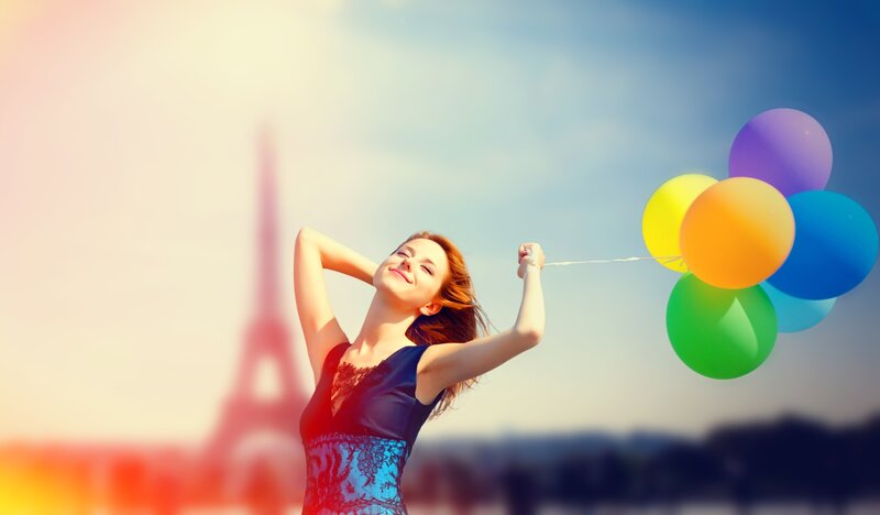 Woman Holding Balloons — Blue, Joyful, Afternoon, Photograph, Eiffel Tower