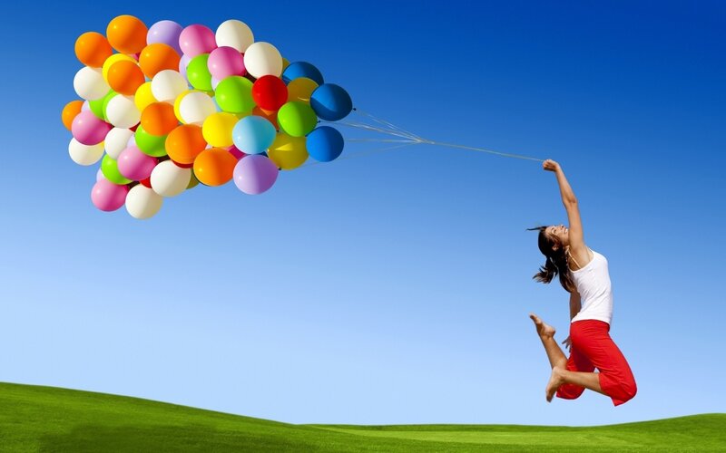Woman Holding Balloons — Blue, Joyful, Afternoon, Photograph, Sky, Grass