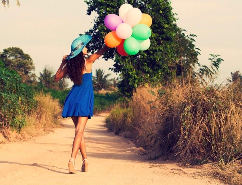 Woman Holding Balloons — Blue, Serene, Afternoon, Photograph, Hat