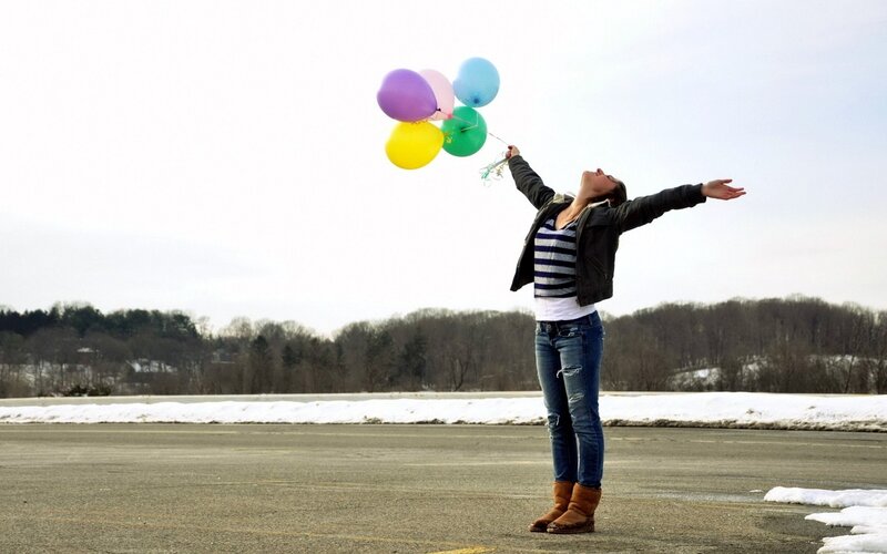 Woman Holding Balloons — Gray, Open