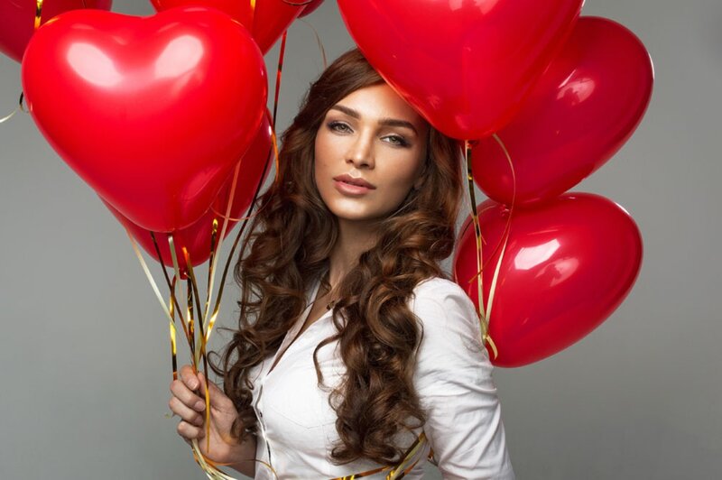 Woman Holding Balloons — Red, Festive