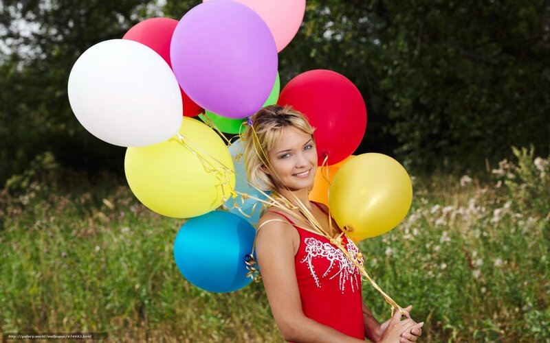 Woman Holding Balloons — Red, Happy