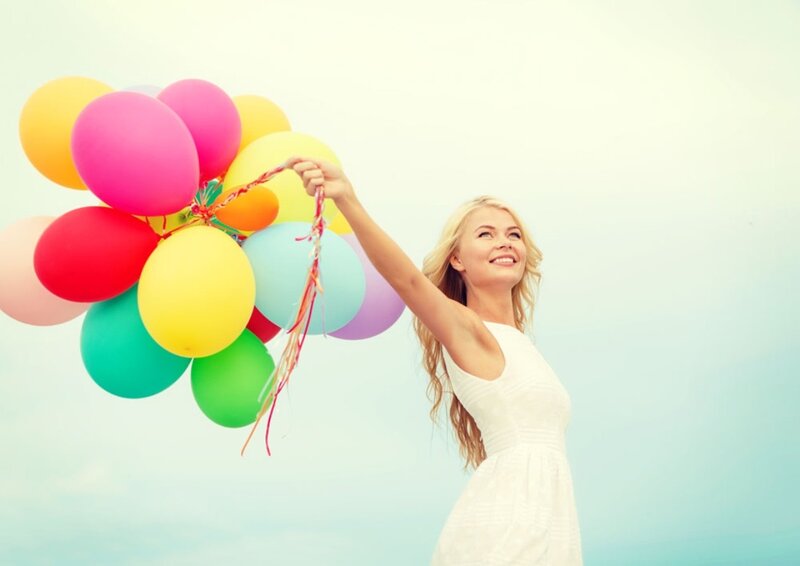 Woman Holding Balloons — White, Happy, Afternoon, Photograph