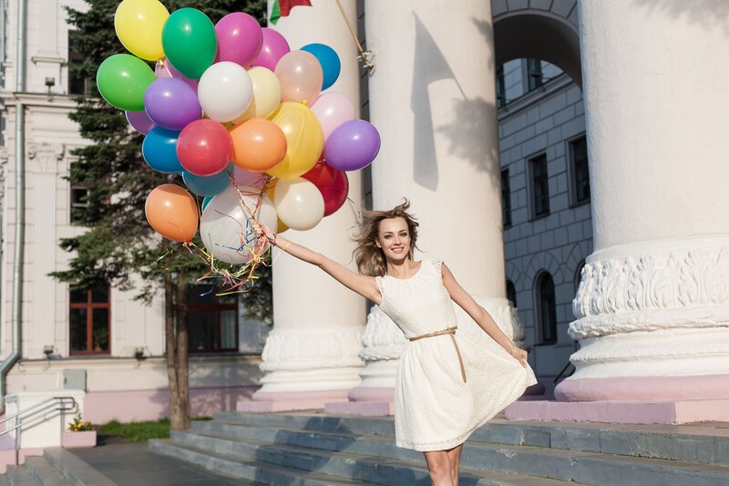 Woman Holding Balloons — White, Happy