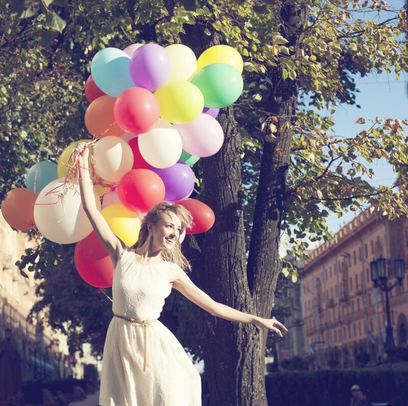 Woman Holding Balloons — White, Joyful, Afternoon, Photograph