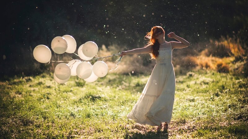 Woman Holding Balloons — White, Serene, Afternoon, Photograph