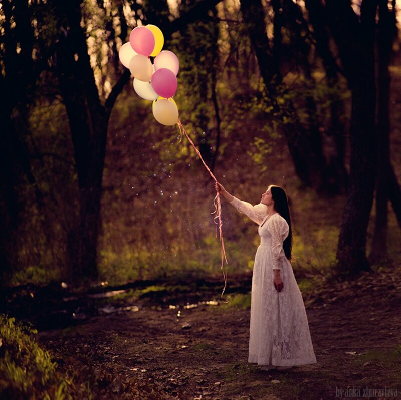 Woman Holding Balloons — White, Serene