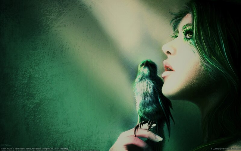 Woman Holding Bird — Green, Dramatic