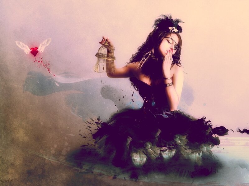Woman Holding Birdcage — Black, Dreamy