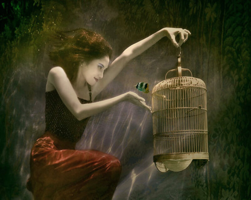 Woman Holding Birdcage — Green, Dreamy