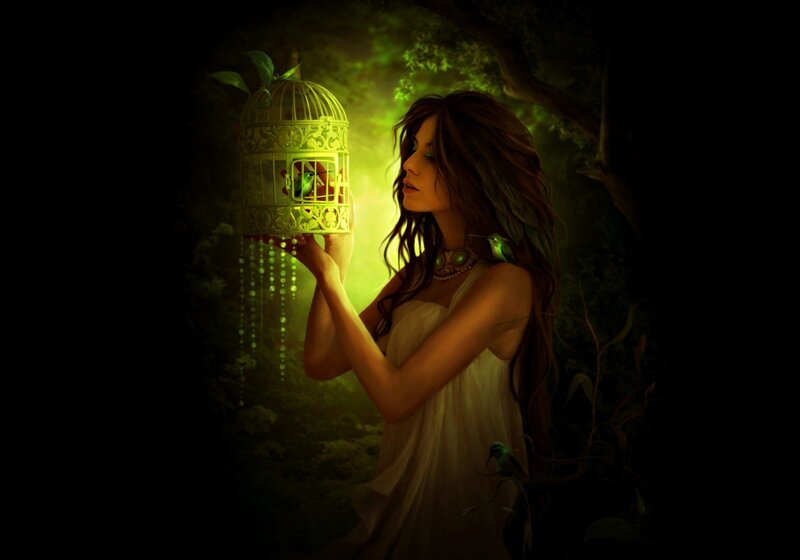 Woman Holding Birdcage — Green, Mysterious