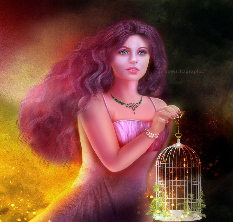 Woman Holding Birdcage — Purple, Dramatic