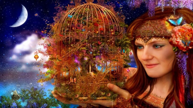 Woman Holding Birdcage — Purple