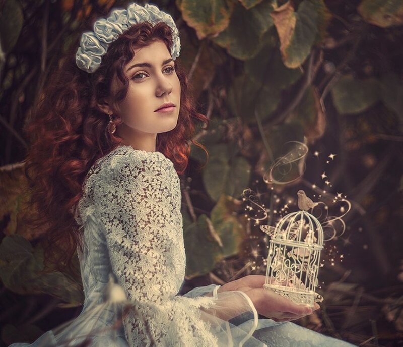 Woman Holding Birdcage — White, Dreamy