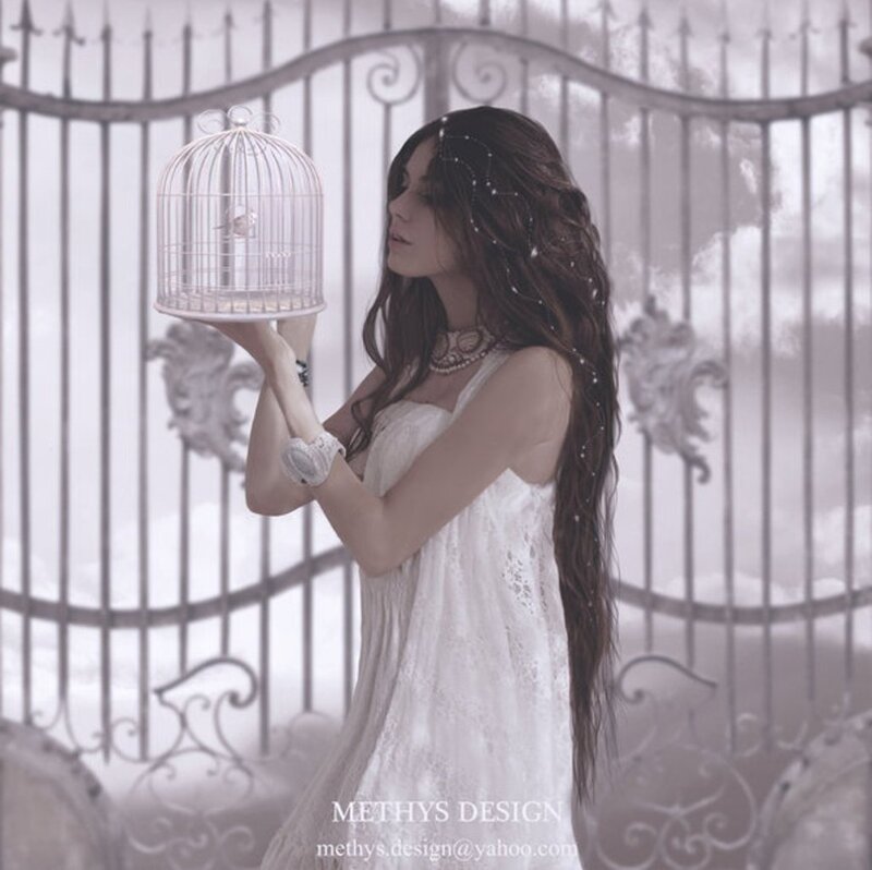 Woman Holding Birdcage — White, Serene, Photograph