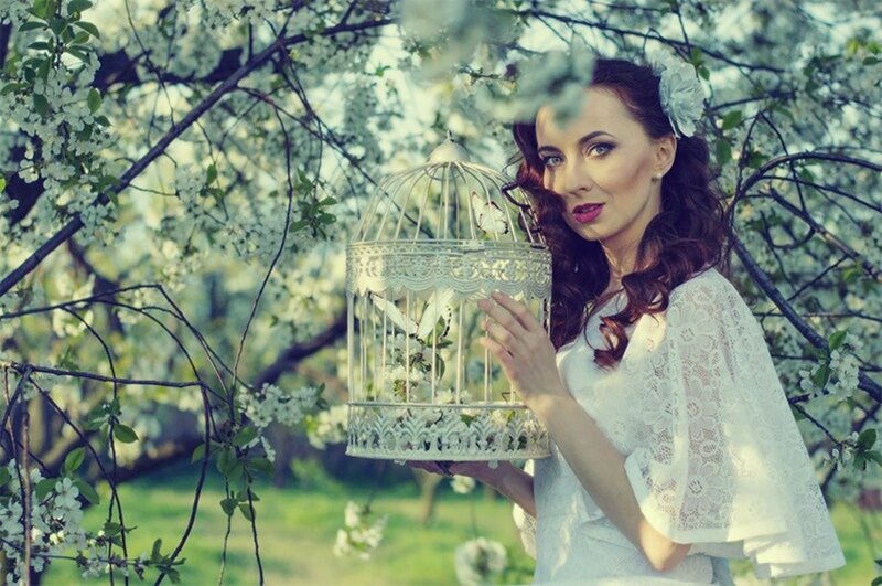 Woman Holding Birdcage — White, Serene, Spring, Photograph, Flowers, Butterfly
