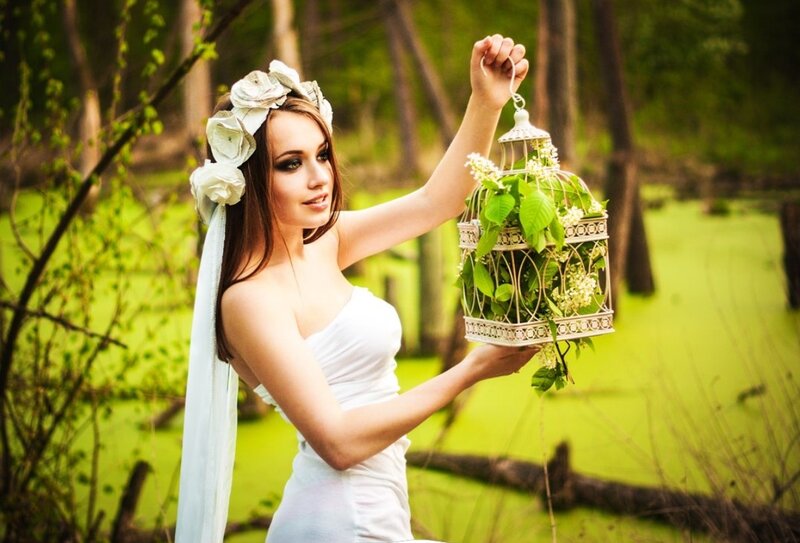 Woman Holding Birdcage — White, Serene, Spring, Photograph, Flowers