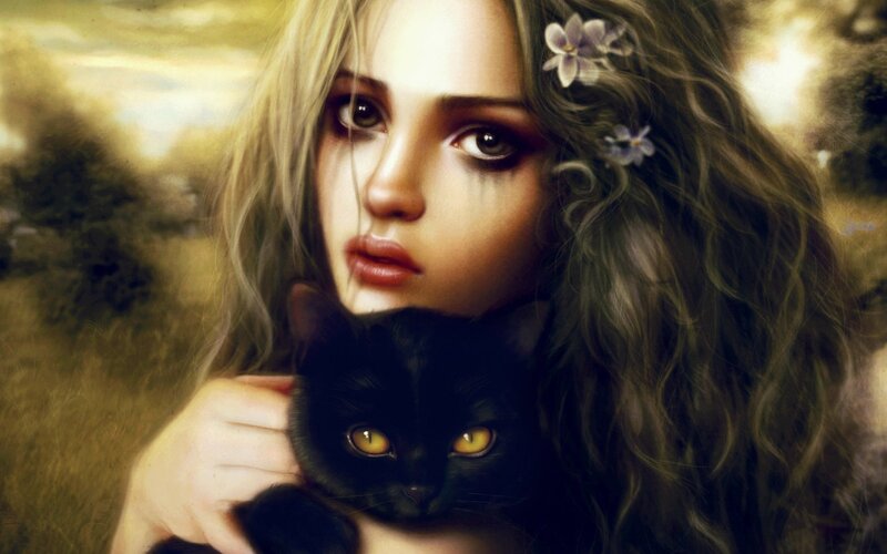 woman holding black cat