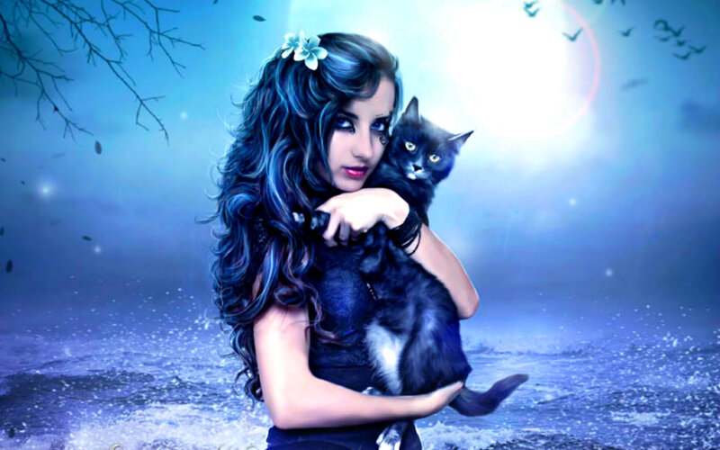 Woman Holding Black Cat — Blue, Dramatic, Night