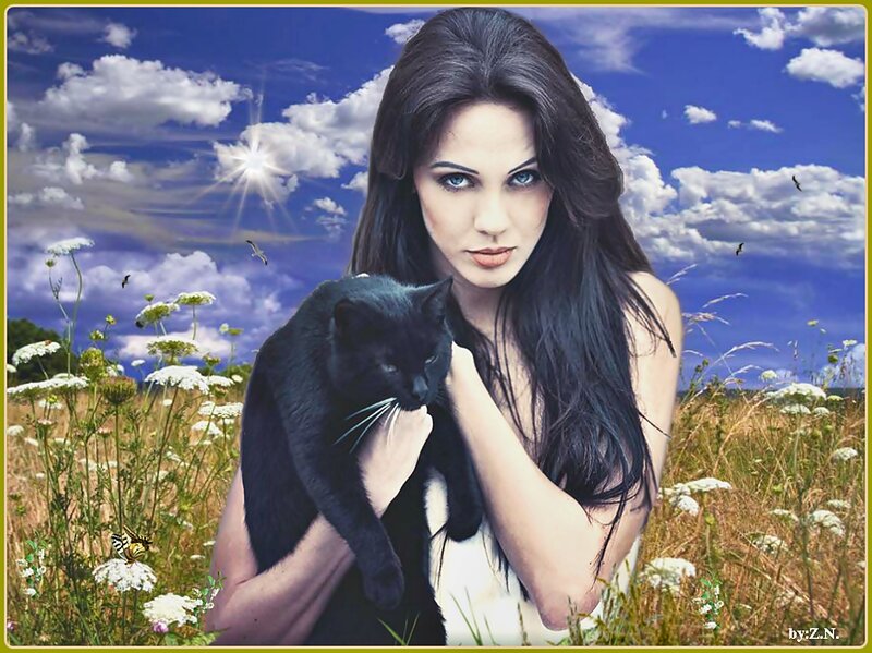 Woman Holding Black Cat — Blue, Serene