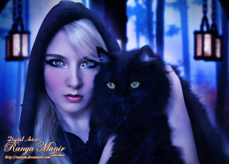 Woman Holding Black Cat — Blue