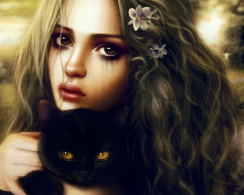Woman Holding Black Cat — Brown, Dramatic, Digital Art