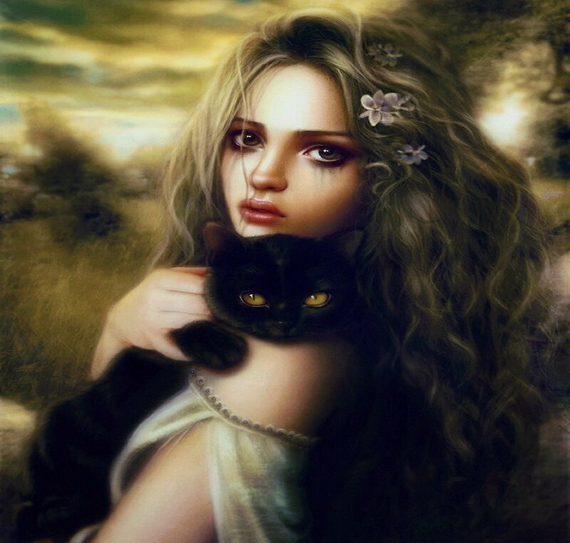 Woman Holding Black Cat — Brown, Dramatic