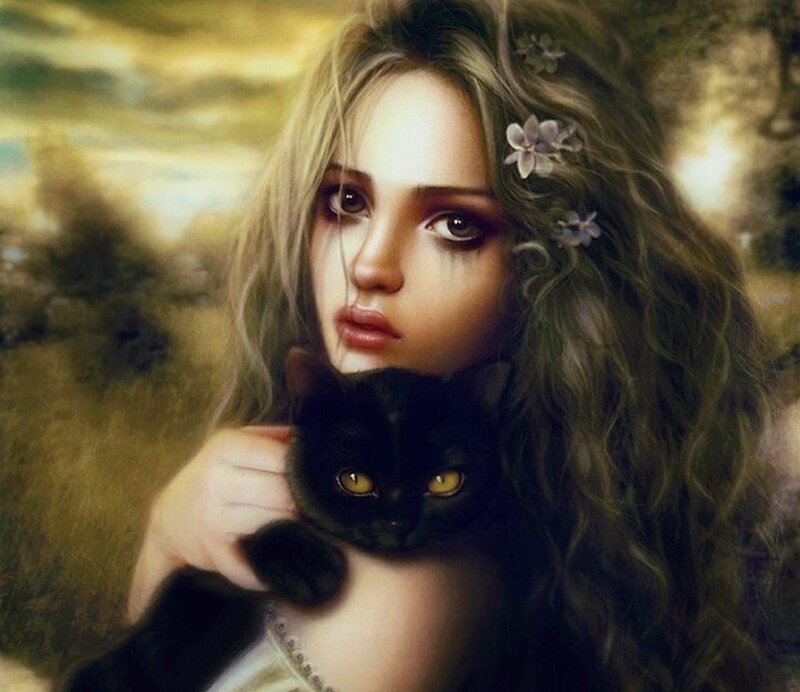 Woman Holding Black Cat — Brown
