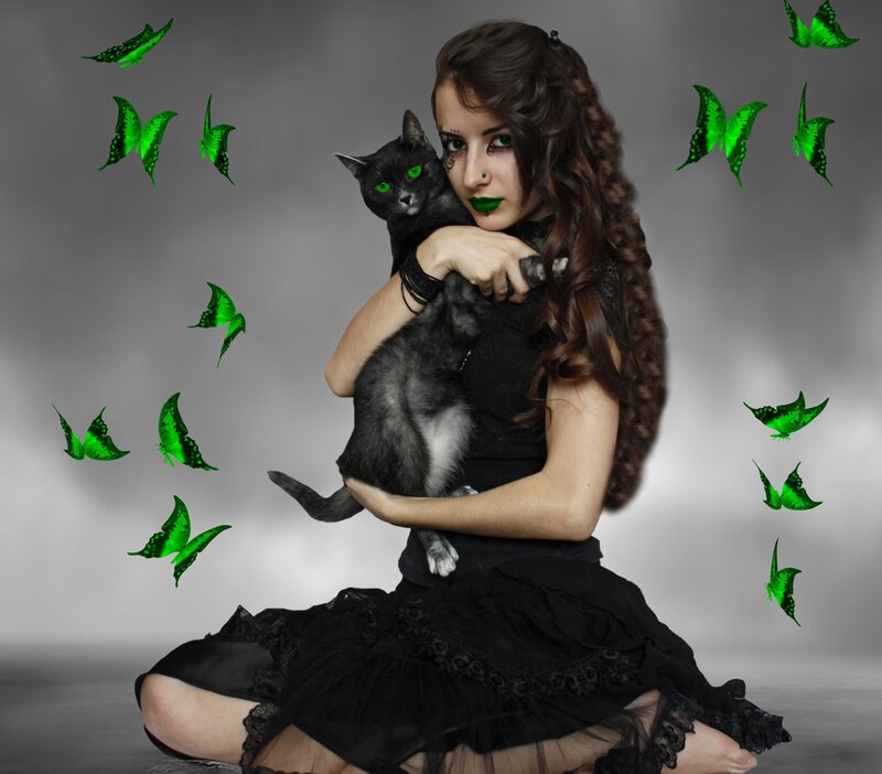 Woman Holding Black Cat — Dramatic, Digital Art, Butterflies