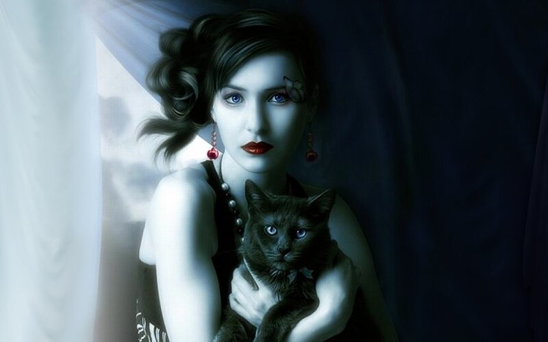 Woman Holding Black Cat — Dramatic, Digital Art, Earrings