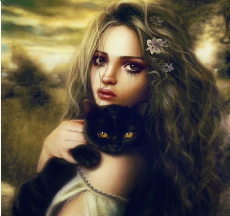 Woman Holding Black Cat — Dramatic, Digital Art, Flowers