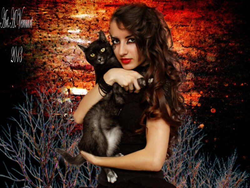 Woman Holding Black Cat — Dramatic, Digital Art, Makeup