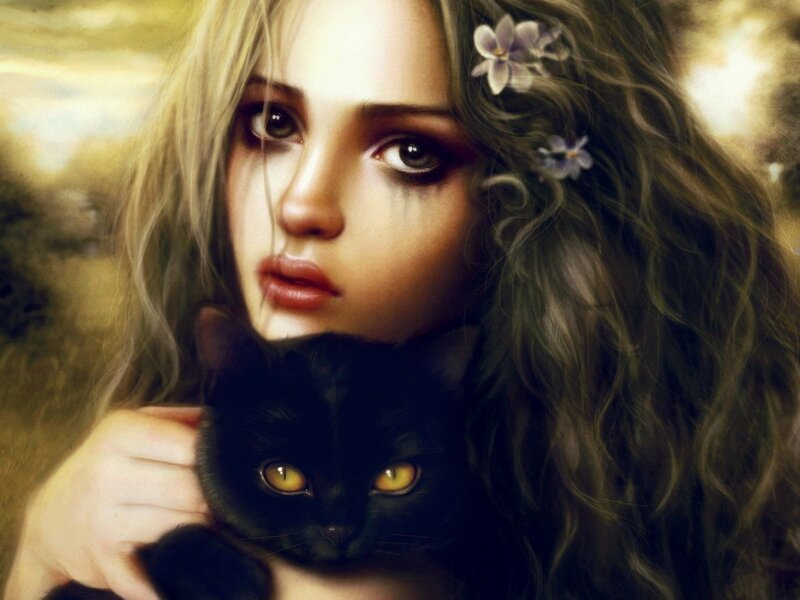 Woman Holding Black Cat — Dramatic, Digital Art