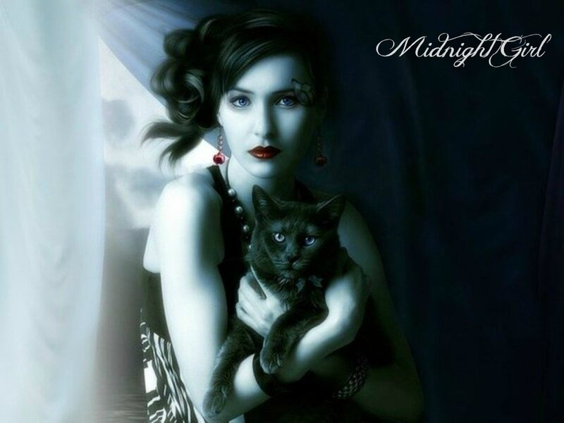 Woman Holding Black Cat — Dramatic, Night, Digital Art, Dress