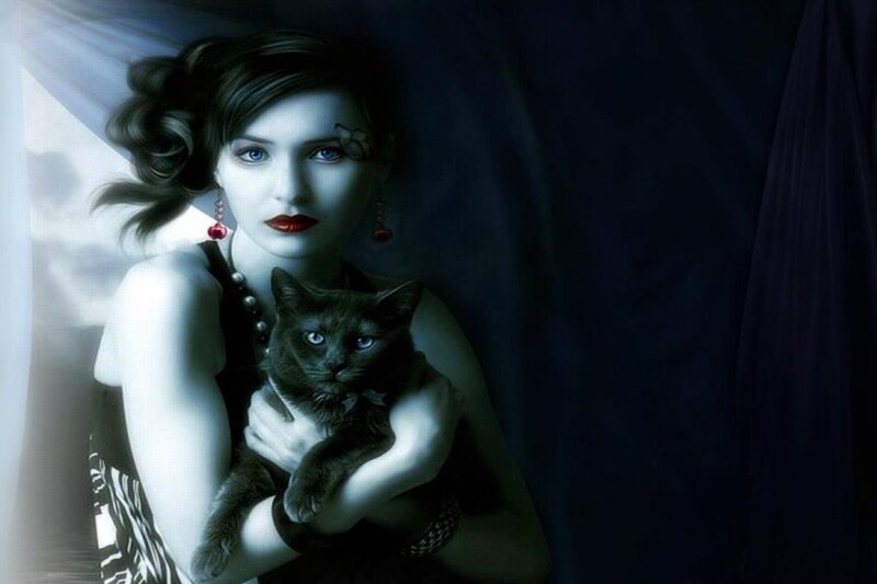Woman Holding Black Cat — Dramatic, Night, Digital Art, Earrings, Necklace