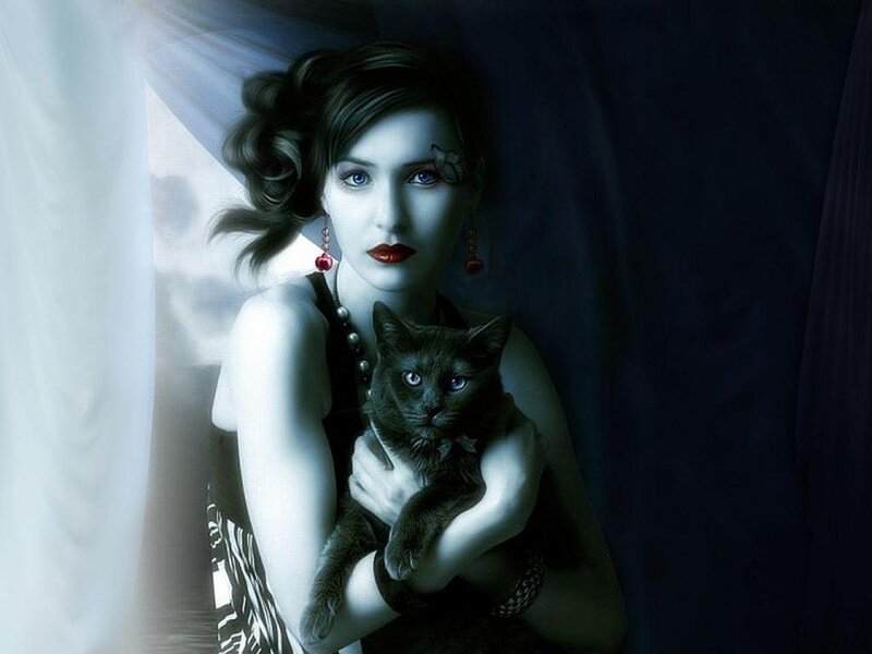 Woman Holding Black Cat — Dramatic, Night, Digital Art, Earrings