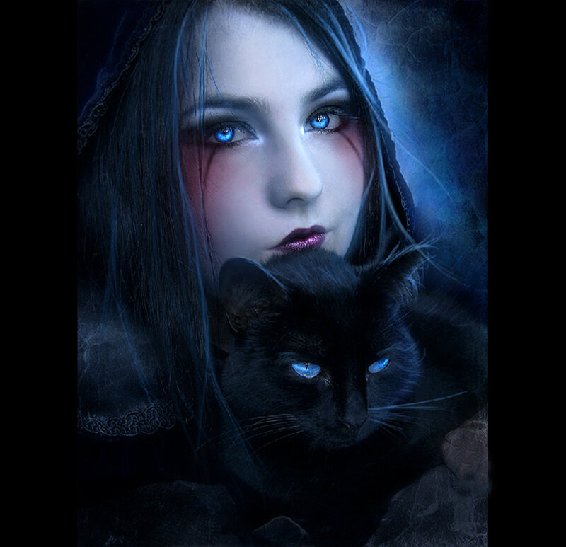 Woman Holding Black Cat — Dramatic, Night, Digital Art, Hooded Cloak, Blue Eyes
