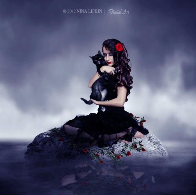 Woman Holding Black Cat — Dramatic, Night, Digital Art, Rose