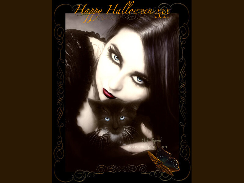 Woman Holding Black Cat — Dramatic, Night