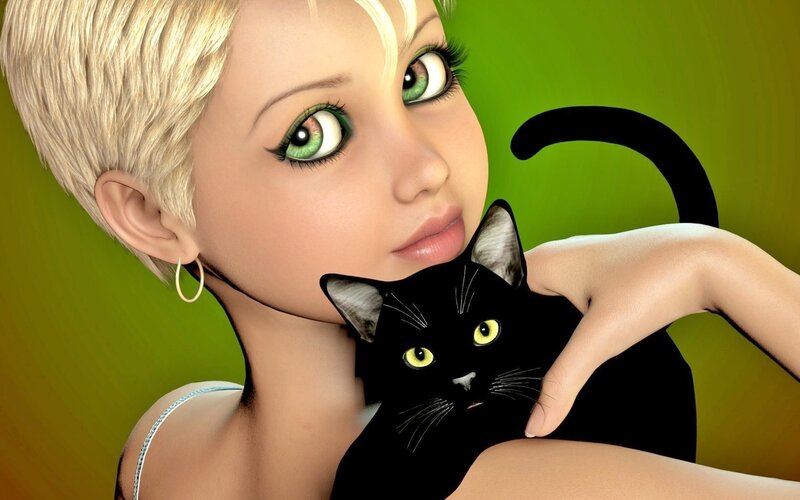 Woman Holding Black Cat — Green, Calm, 3d Render