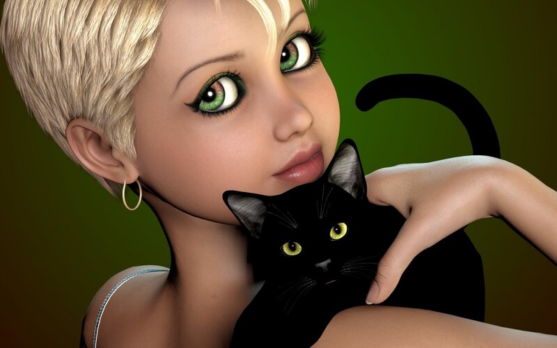Woman Holding Black Cat — Green, Calm