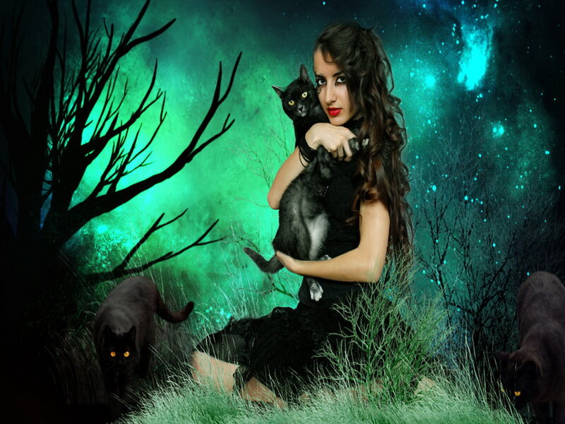 Woman Holding Black Cat — Green